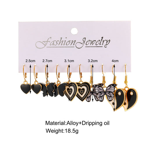 5 Pairs Black and White Heart Butterfly Drop Charm Earrings For Women Girl