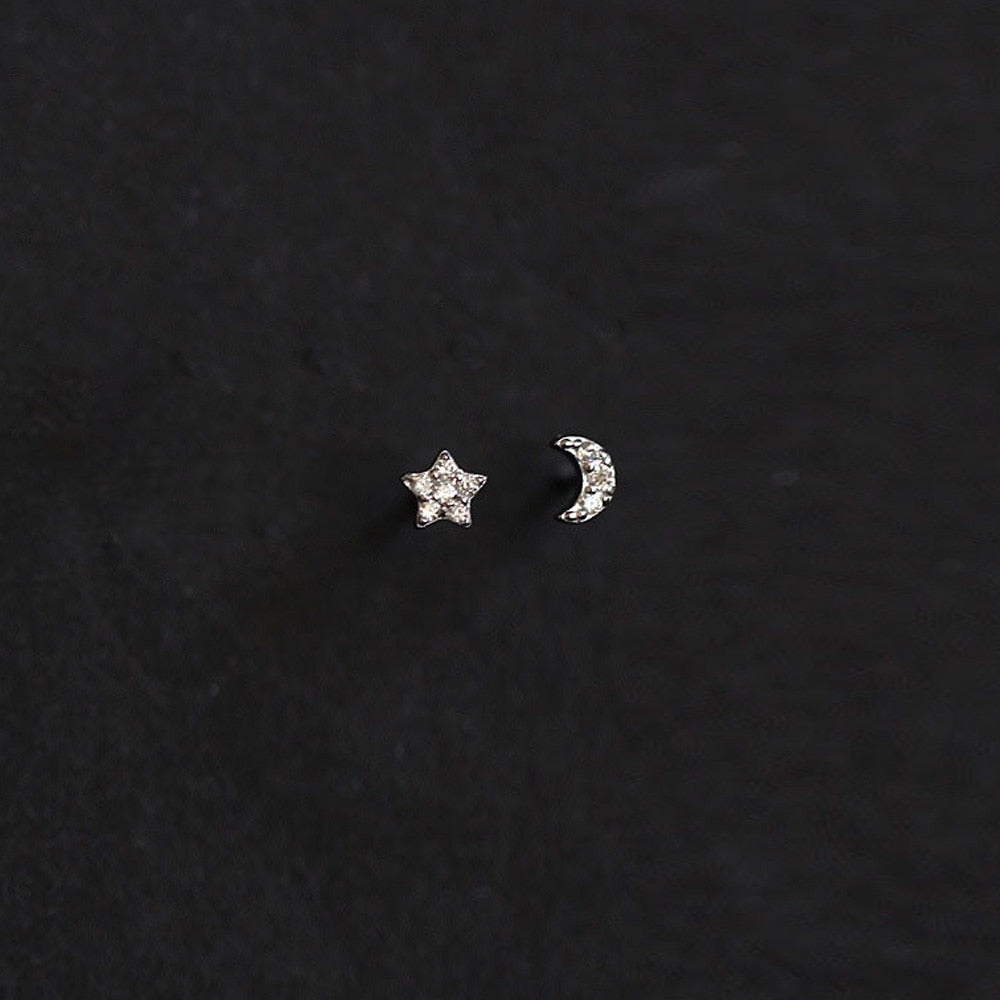Mismatched Moon Star Stud Earrings Cut Asymmetric Mini Earrings Ear Piercing