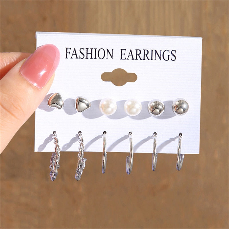 6 Pairs Minimalistic Stud and Hoop Dangle Earrings Women Charms Earring Fashion