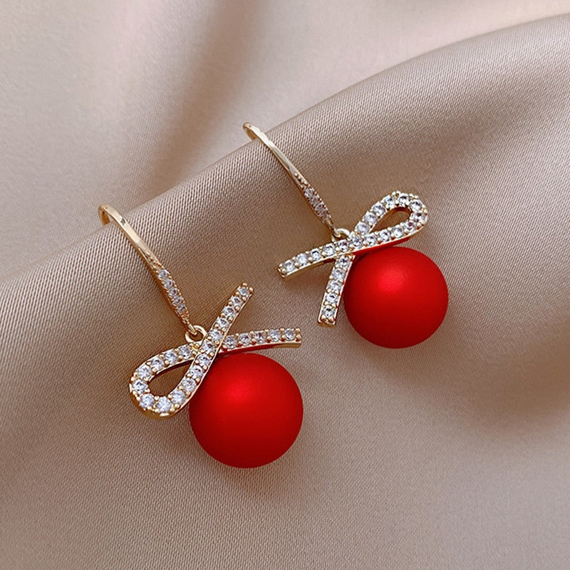 Red Matte Ball with Bow Dangle Earrings Women Gifts Earring Cute Girls Eardrop