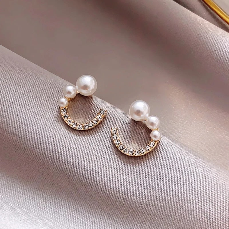 Pearl Moon Studs Earring Cute Geometric Zircon Earrings Female Jewelry