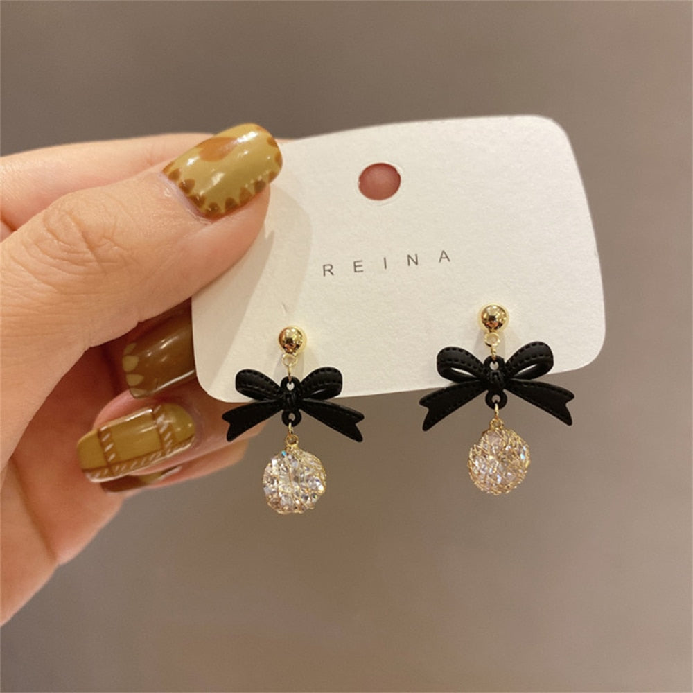 Black Bow Crystal Drop Earrings Women Party Cute Art Jewelry Dangle Gifts