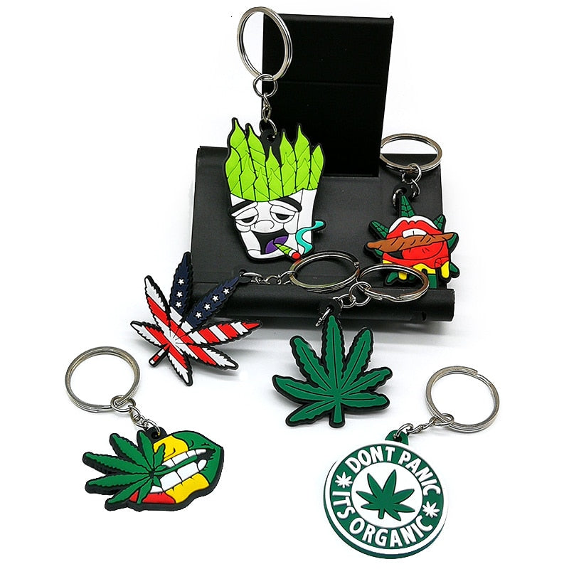 6 Styles PVC Green Leaf Vibes Hemp Leaf Style Keychain Car Keyring Cartoon