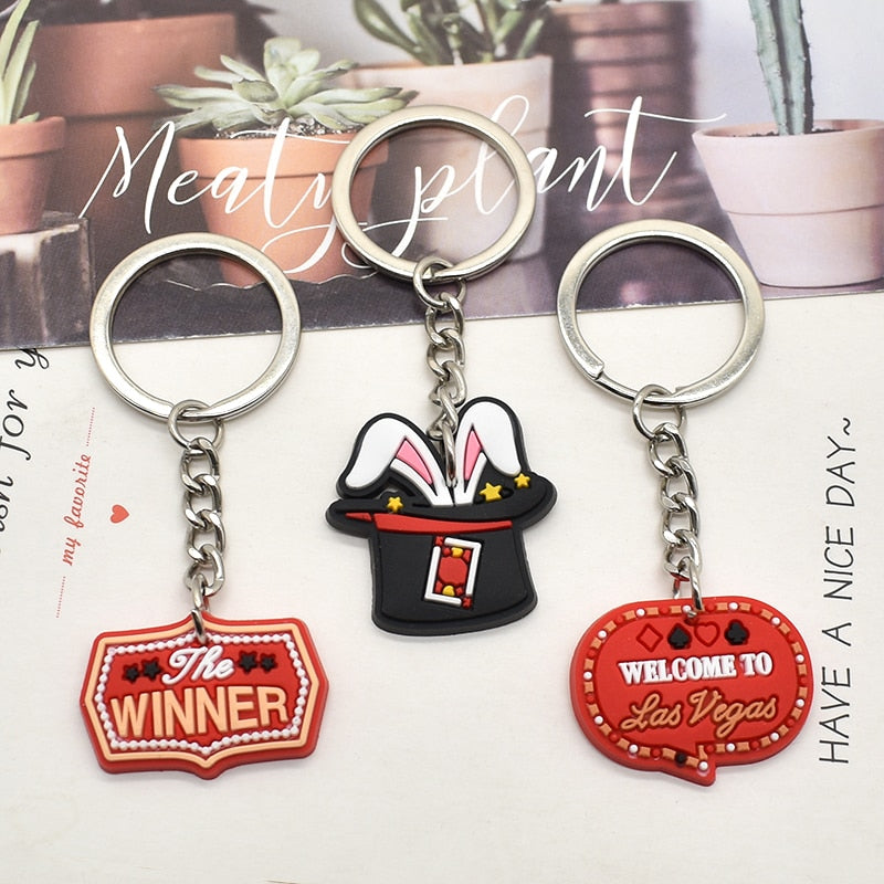 11 Styles Las Vegas Poker Casino Soft PVC Key Ring Keychain Pendant Retro Lucky