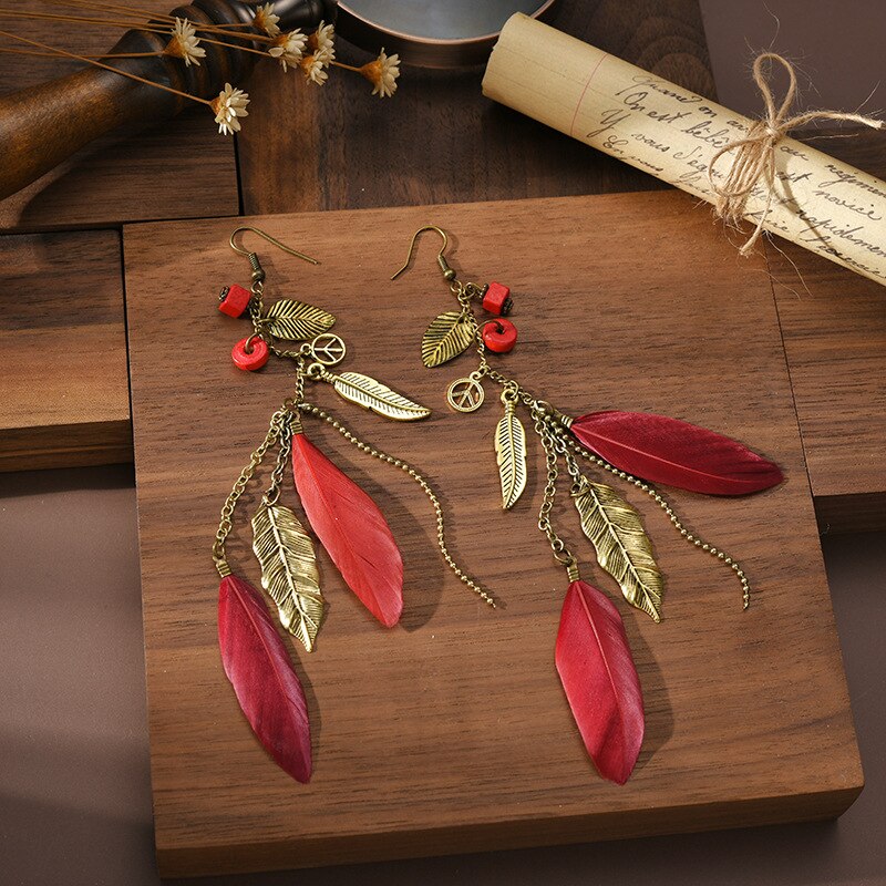 Red and Metal Feathers Dangle Earrings for Fashion Stylish Jewelry Drop Earrings
