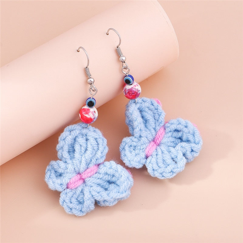 Baby Blue Knitted Butterfly Drop Earrings Women Creativity Jewelry Cute Earring