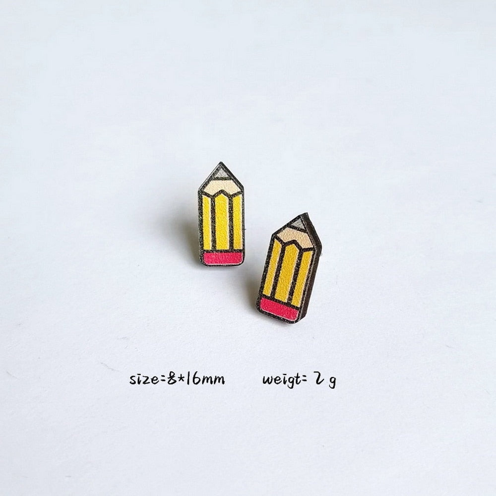 Wooden Cartoon Pensil Stud Charm Earrings For Women Girl Fashion Modern Jewelry