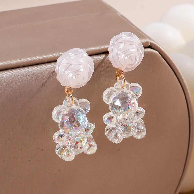 Crystal Bear Rose Drop Earrings Women Creativity Jewelry Cute Earring Girls Gift