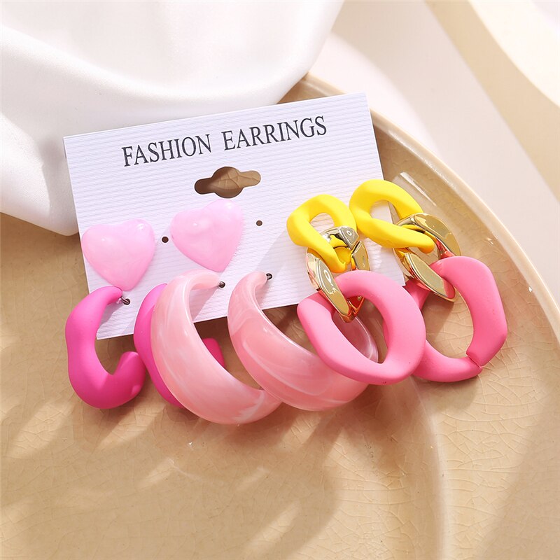 4 Pairs Candy Pink Hoop Earrings Trendy Jewelry Creative Style Accessories