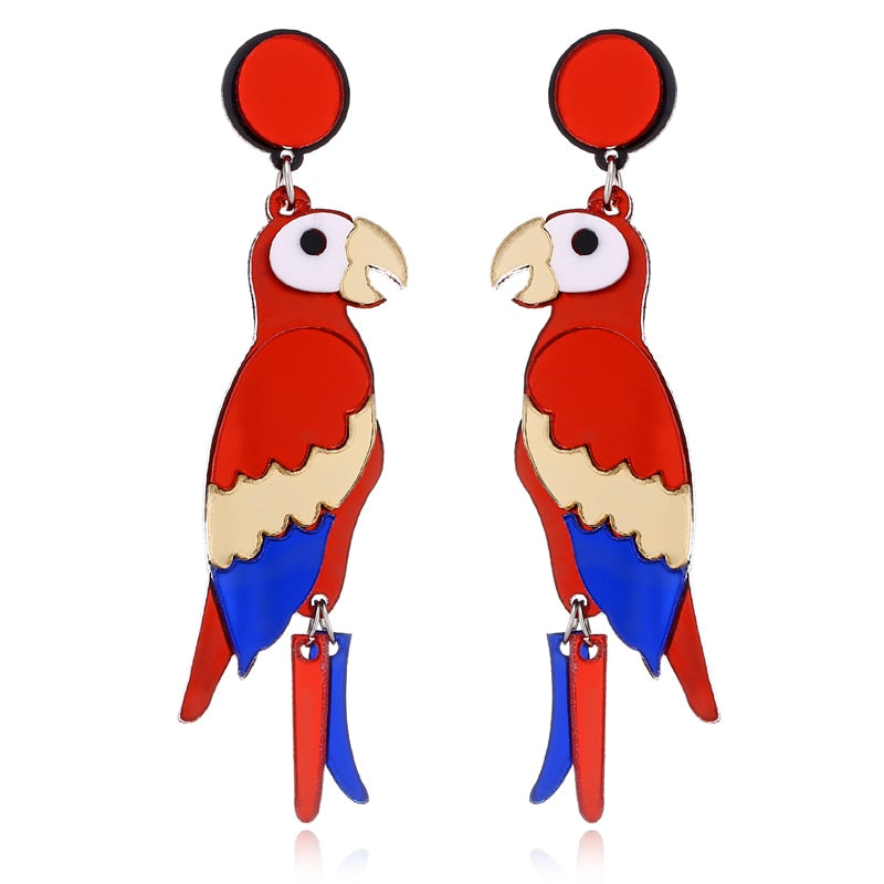 Red and Blue Parrot Acrylic Drop Earrings Women Travel Fashion Cartoon Earrings
