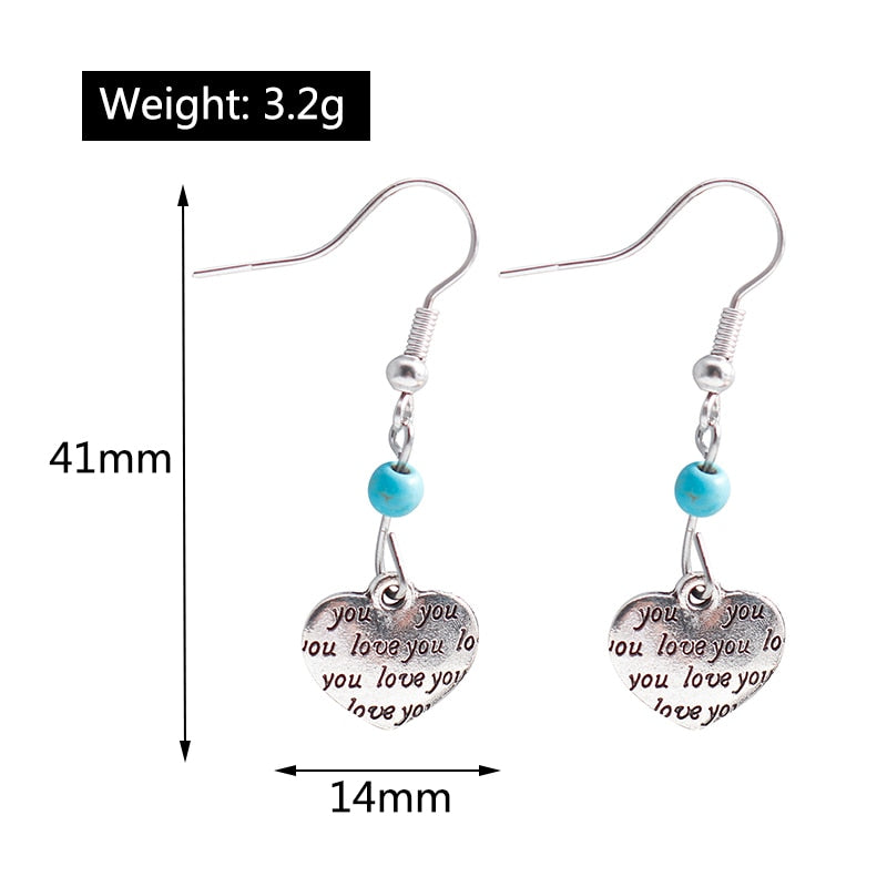 Love You Heart Turquoise Detail Dangle Earrings Women Gifts Earring Cute Girls