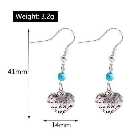 Love You Heart Turquoise Detail Dangle Earrings Women Gifts Earring Cute Girls