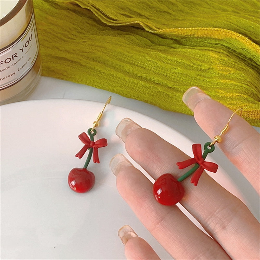 Cherry and Bow Drop Earrings Women Party Cute Art Jewelry Dangle Gifts Earrings
