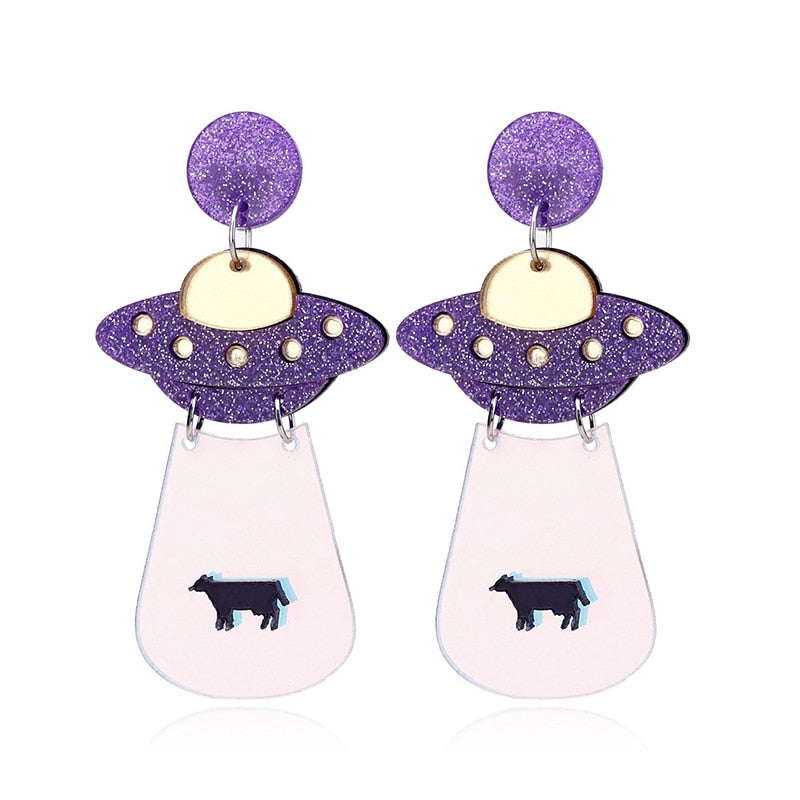 Purple Glitter Spaceship Drop Earrings Women Creativity Jewelry Cute Earring