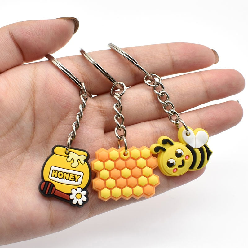 11 Styles Sweet Honey Bee PVC Keychain Metal Key Ring Backbag Hanging Fashion