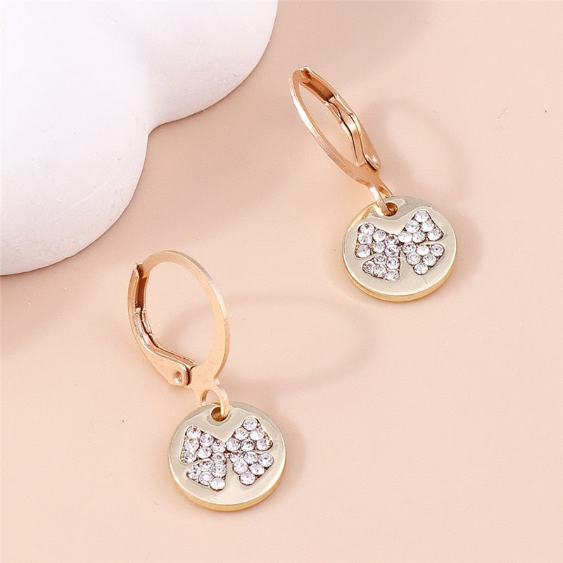 Gemstone Bow Patterm Round Drop Earrings Women Gifts Earring Cute Girls Eardrop