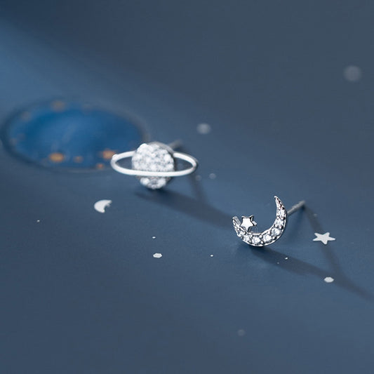 Rhinestone Planet Moon Mini Stud Earrings Cut Asymmetric Mini Earrings Ear