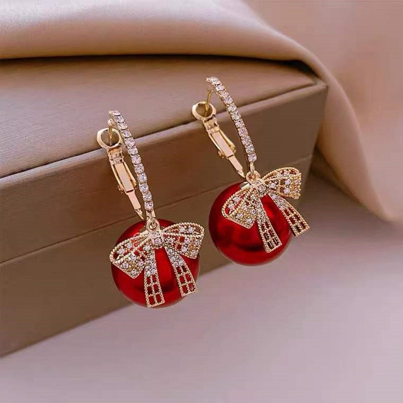 Red Ball with Bow Drop Earrings Women Party Wedding Jewelry Dangle Gifts
