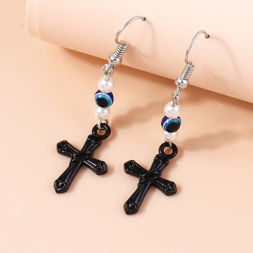 Black Textured Cross Drop Earrings Women Creativity Jewelry Cute Earring Girls