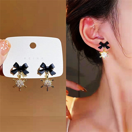 Black Bow Snowflake Exquisite Stud Earrings Women Statement Earrings Party