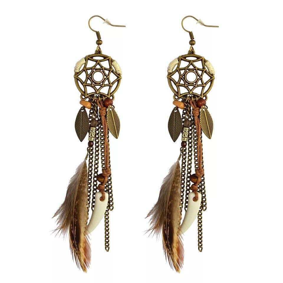Brown Feather Chain Decor Dangle Earrings for Fashion Stylish Jewelry Drop