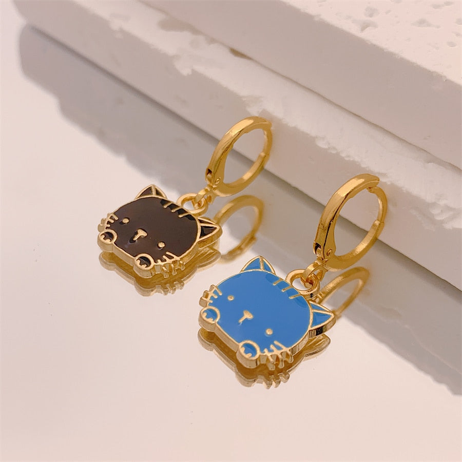 Black and Blue Kitty Drop Earrings Women Creativity Jewelry Cute Earring Girls