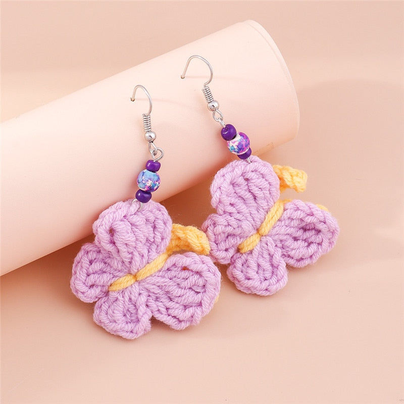 Purple Knitted Butterfly Design Drop Earrings Women Creativity Jewelry Cute