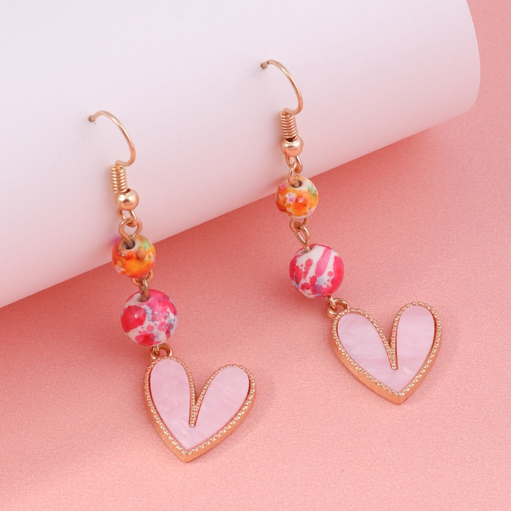 Mixed Color Beads Heart Drop Earrings Women Creativity Jewelry Cute Earring