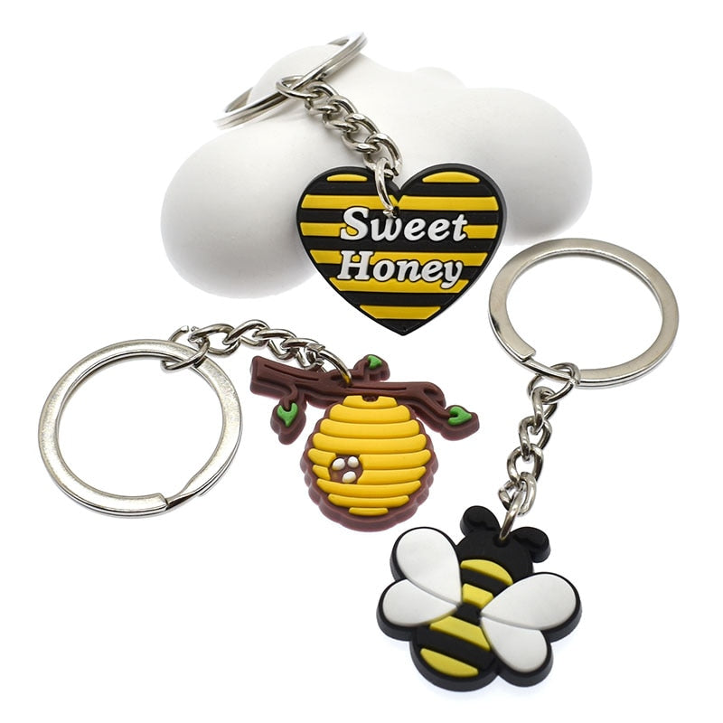 11 Styles Sweet Honey Bee PVC Keychain Metal Key Ring Backbag Hanging Fashion