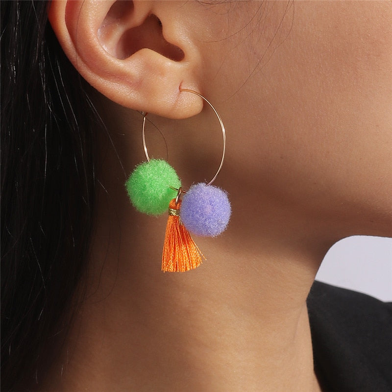 Pom Pom Orange Tassel Drop Earrings Women Charms Earring Fashion Creative