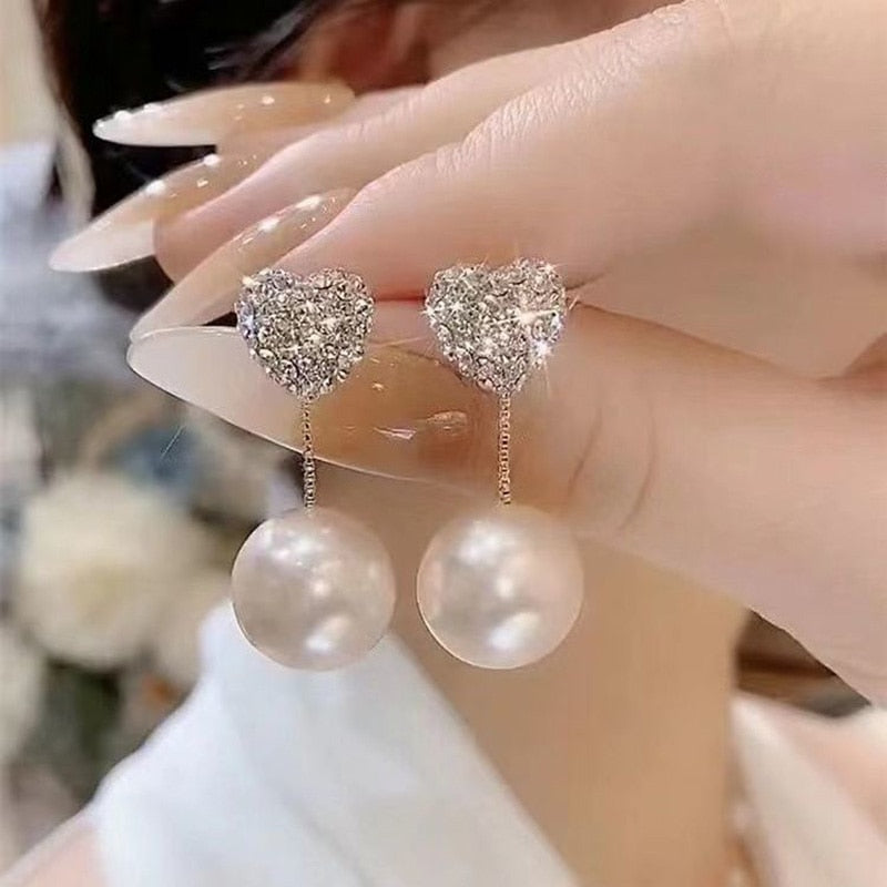 Pearl and Heart Drop Earrings Women Party Wedding Jewelry Dangle Gifts Earrings