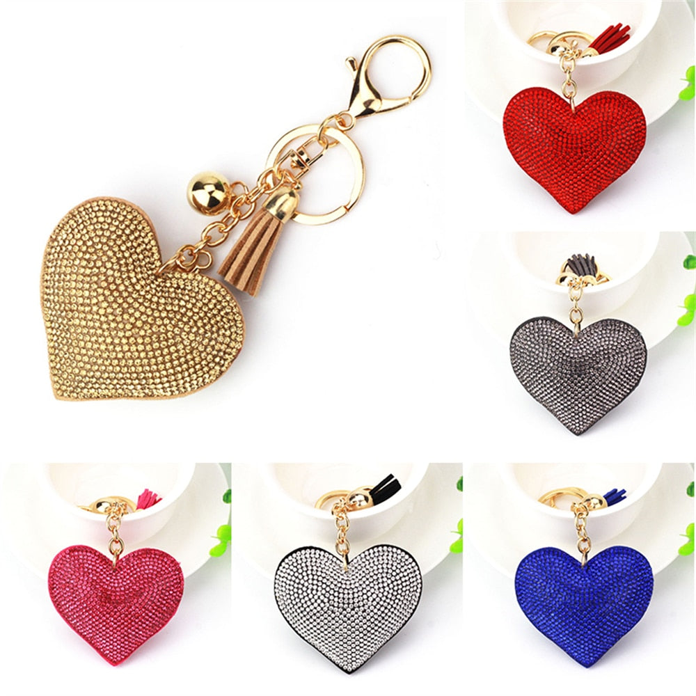 11 Styles Heart Full Rhinestone Keychain PU Leather Tassel Keyring for Women Car