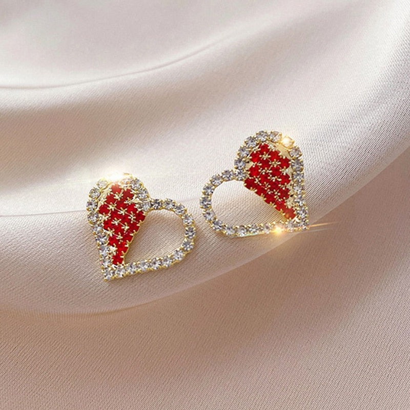 Rhinestone Half Red Heart Stud Earrings Women Gifts Earring Cute Girls Eardrop