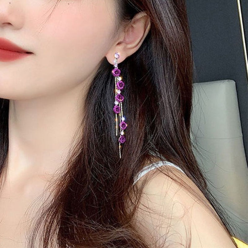 Purple Roses Tassel Drop Earrings Women Modern Wedding Jewelry Dangle Gifts