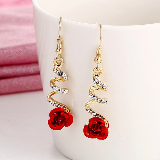 Red Rose Ribbon Drop Earrings Women Modern Wedding Jewelry Dangle Gifts Earrings