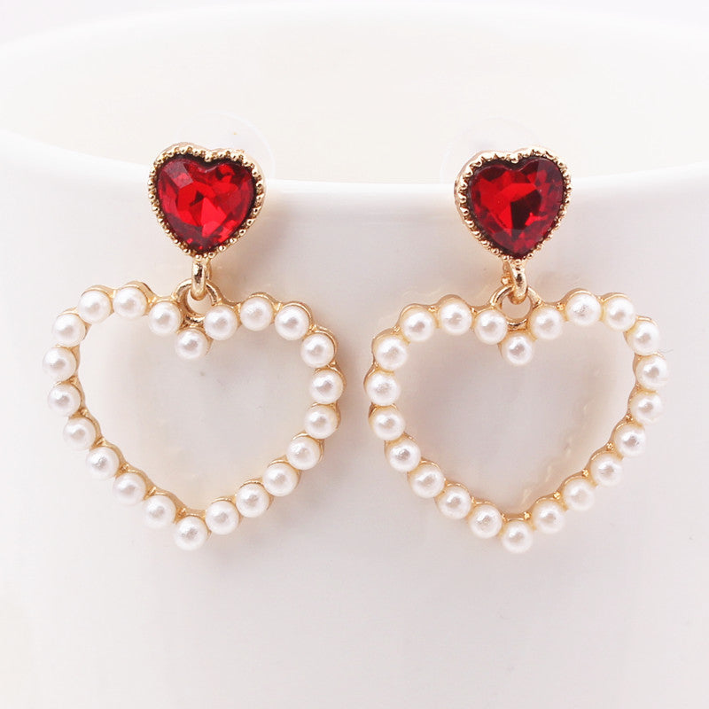 Red Heart Faux Pearl Drop Dangle Earrings Women Jewelry Gift for Her Accessories