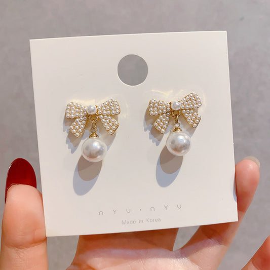 Cute Pearl Bow Stud Earrings Accessories Gift Women Girl Fashionable Jewelry