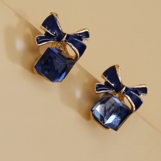 Navy Blue Bow Stud Earrings Women Fashionable Luxurious Earrings Jewelry