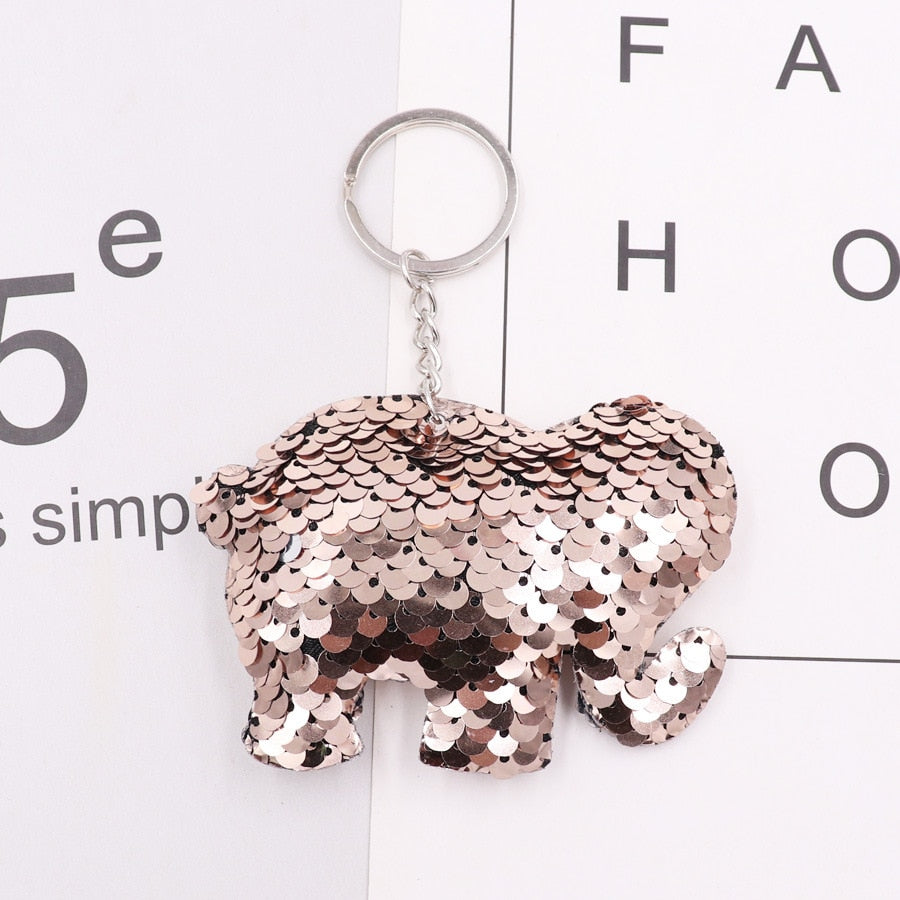 Khaki Elephant Sequins Keychain for Women Ladies Mom Gift Keyring Girl Car Bag