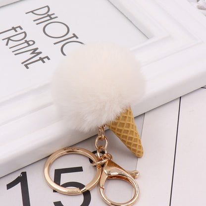 White Ice Cream Keychain Soft Artificial Rex Rabbit Hair Ball Keyring Pom Pom