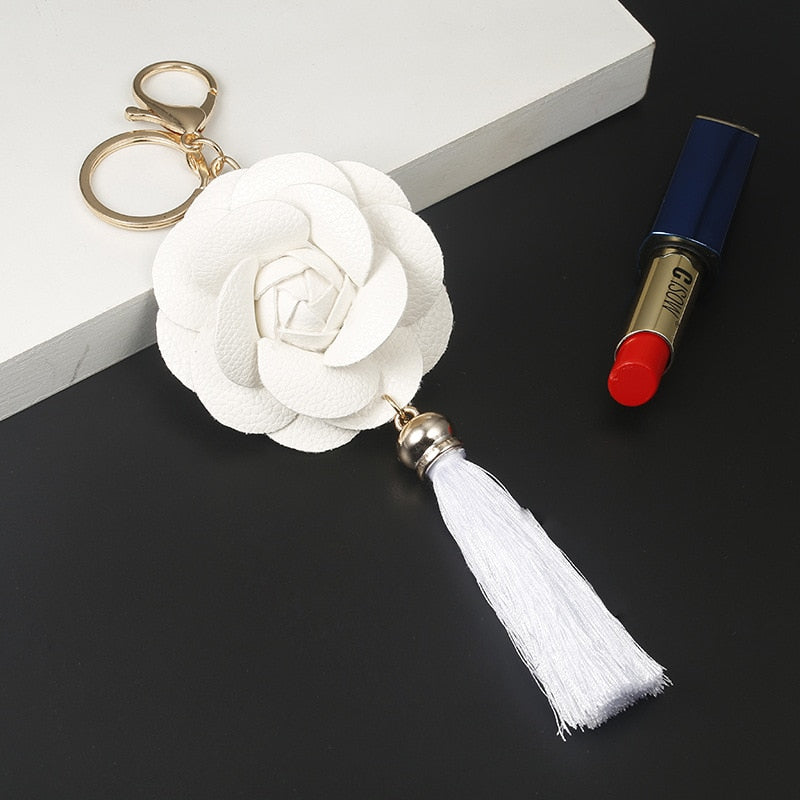 White Flower Rose Tassel Keychain for Woman Jewelry Bag Decoration Bag Charm