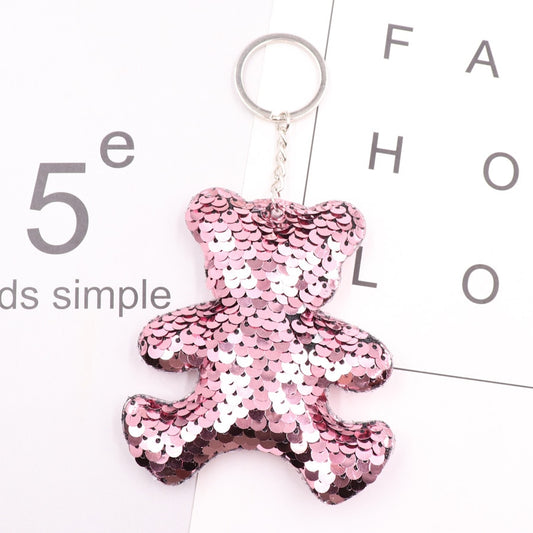 Light Pink Bear Sequins Keychain for Women Ladies Mom Gift Keyring Girl Car Bag