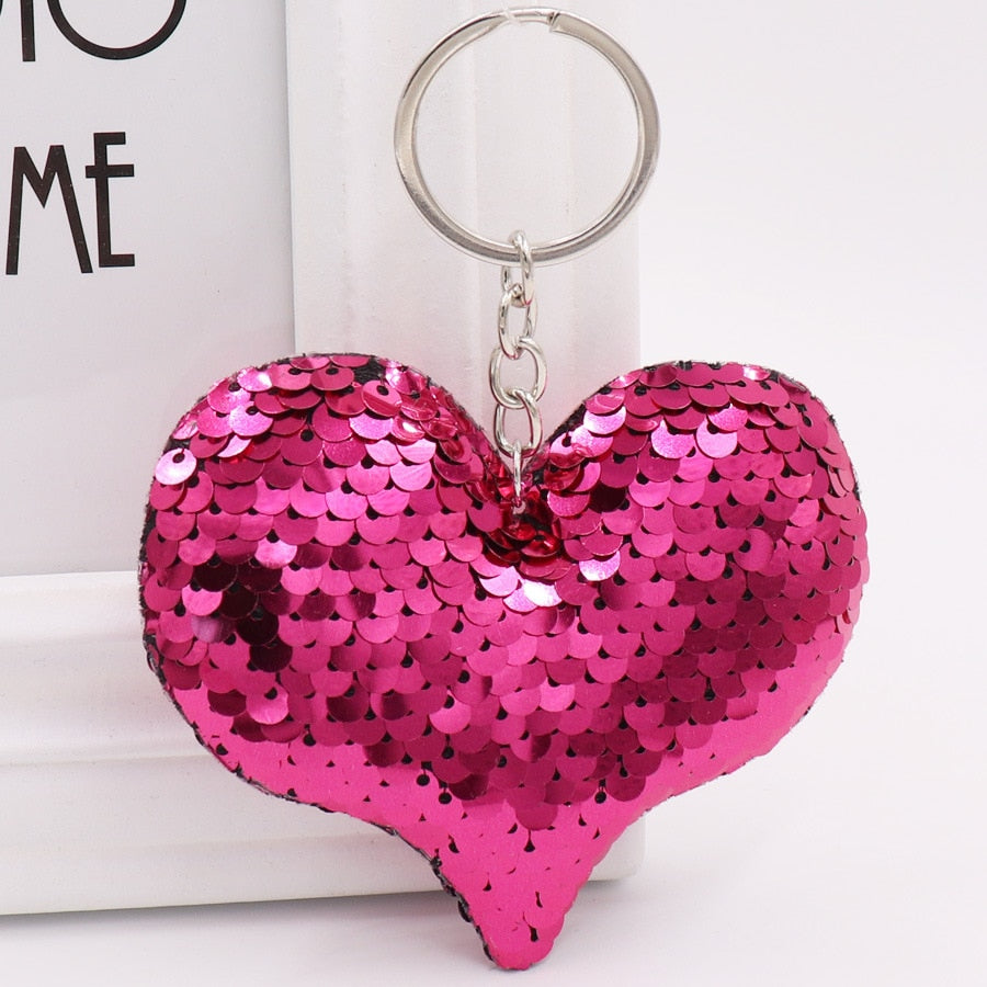 Heart Hot Pink Sequins Keychain for Women Ladies Mom Gift Keyring Girl Car Bag