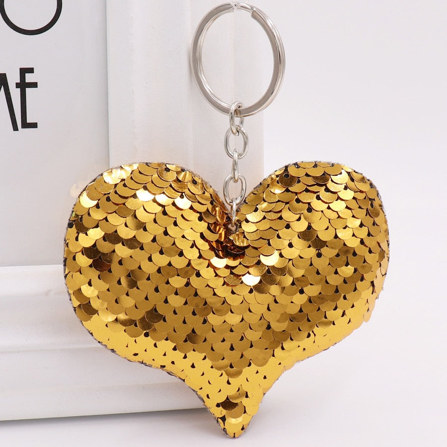 Heart Golden Color Sequins Keychain for Women Ladies Mom Gift Keyring Girl Car
