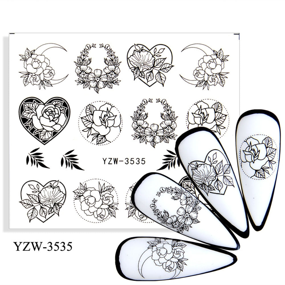 Floral Decor Heart and Moon Nail Stickers Patten Nail Art Decals DIY Nails