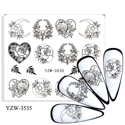 Floral Decor Heart and Moon Nail Stickers Patten Nail Art Decals DIY Nails