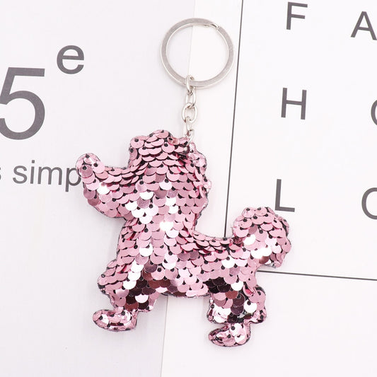 Light Pink Poodle Sequins Keychain for Women Ladies Mom Gift Keyring Girl Car