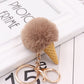 Brown Ice Cream Keychain Soft Artificial Rex Rabbit Hair Ball Keyring Pom Pom