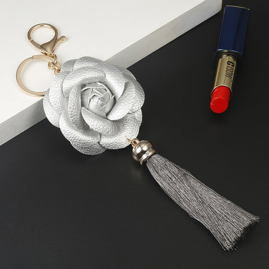 Silver-colored Flower Rose Tassel Keychain for Woman Jewelry Bag Decoration Bag