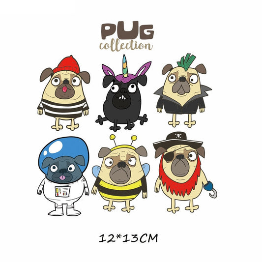 Dogs Pug Set Patches Kids Clothing Stickers Cartoon T-shirt Patch DIY Iron on